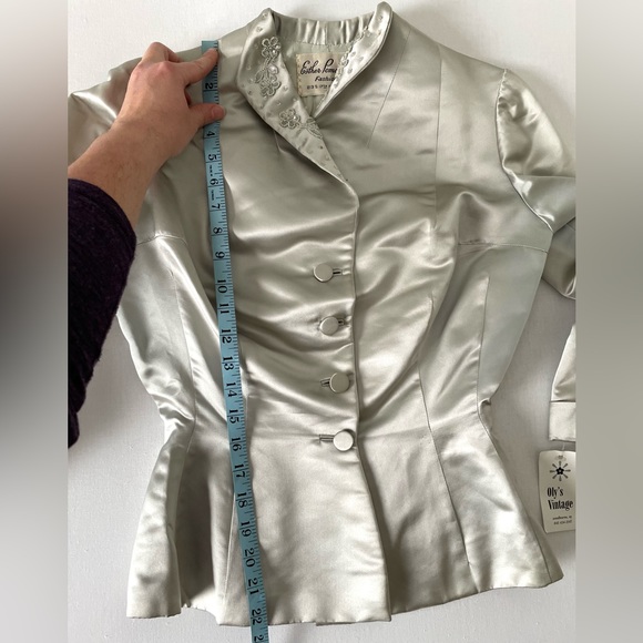 Vintage Silk Beaded Button Long Sleeve Blazer Esther Pomerantz Blue Silver Small - Picture 12 of 15